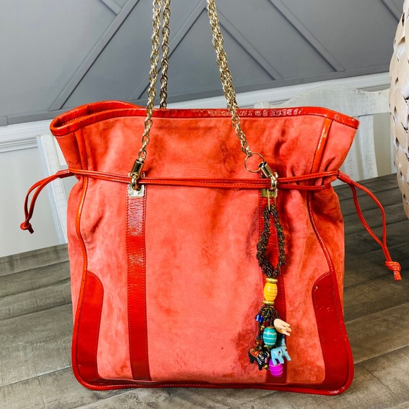 Kate Spade Drawstring Bucket Handbag Purse Red Suede Patent Accents Multi Handle - Picture 1 of 14